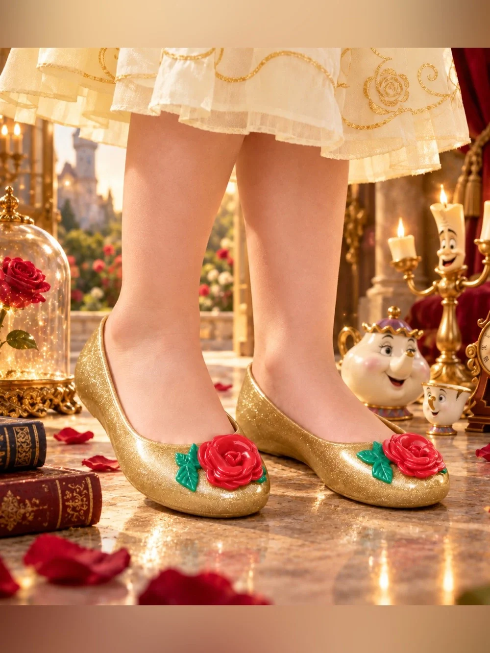 Mini Melissa x Disney Belle Sweet Love Gold Rose Flats Girls 3